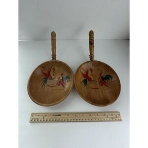Vintage Wooden Hand Painted Decorative Rooster Wall Trays Pair Farmhouse Country
